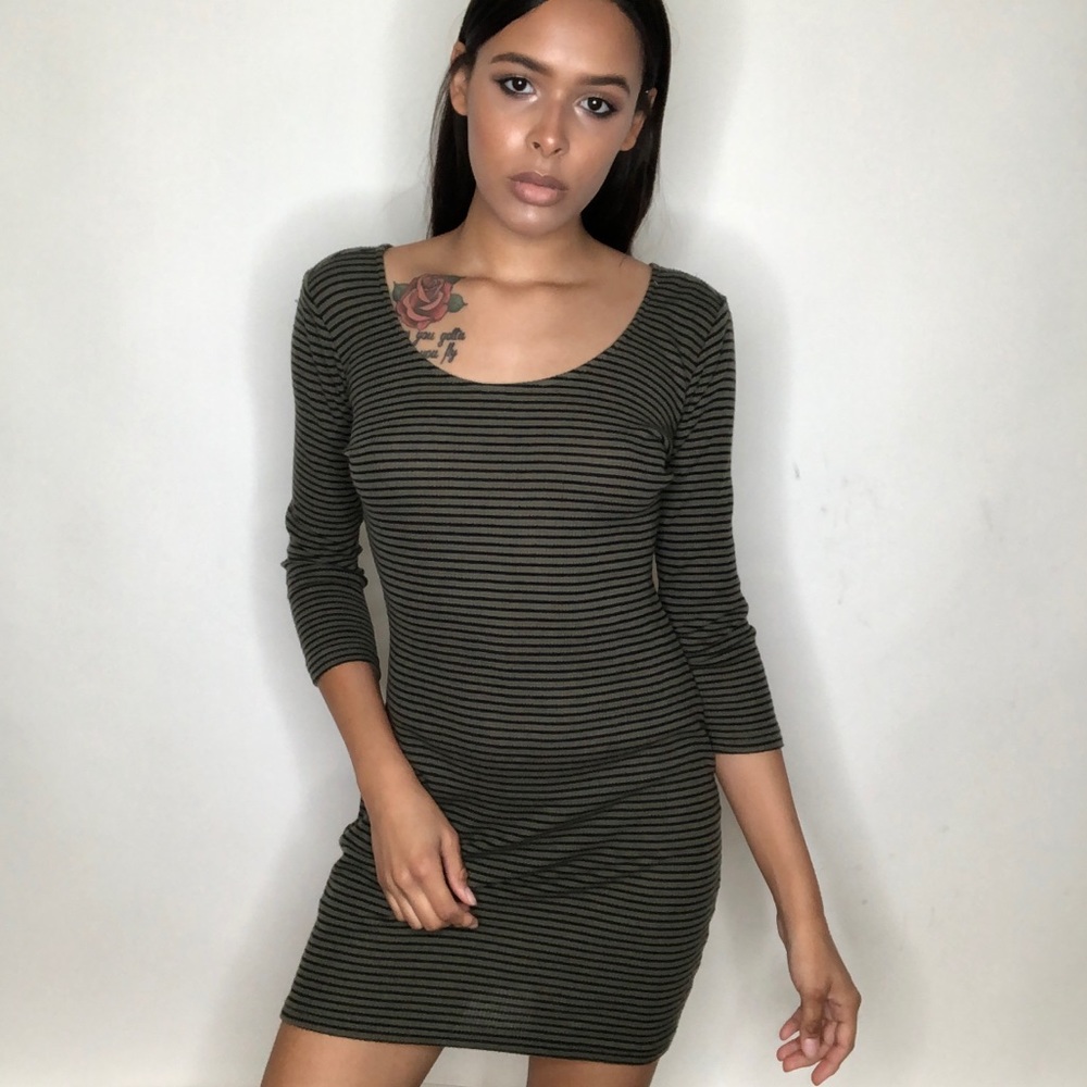 Olive green/black half sleeve striped dress